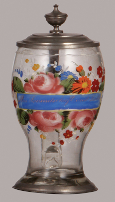 Glass stein, 1.0L, blown, clear, mid. 1800s, hand-painted, pewter lid, very good condition.