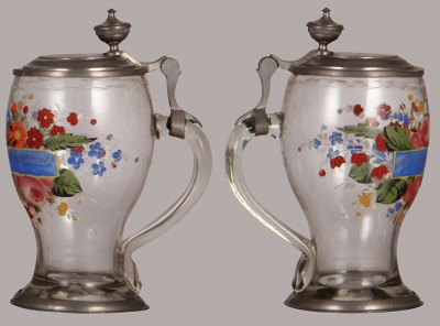 Glass stein, 1.0L, blown, clear, mid. 1800s, hand-painted, pewter lid, very good condition. - 2