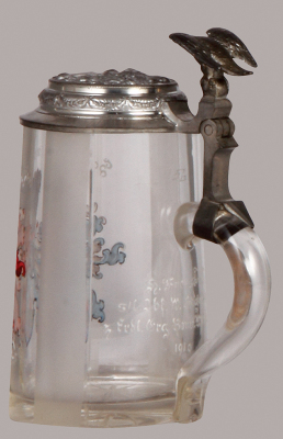 Glass stein, .5L, blown, student association, Salia sei's Panier! 1910, pewter lid, shallow base chip. - 2