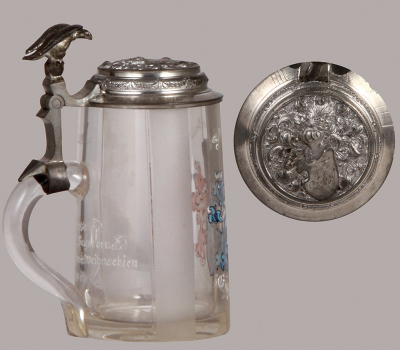 Glass stein, .5L, blown, student association, Salia sei's Panier! 1910, pewter lid, shallow base chip. - 3