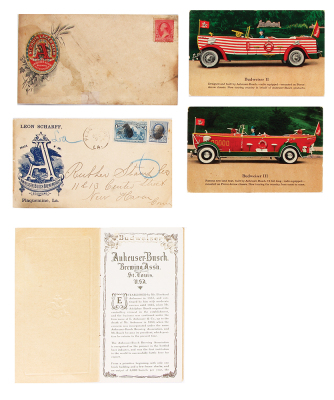 Five Anheuser-Busch post cards, envelopes & booklet, 3.5" x 5.5" to 3.6" x 6.5", some staining and discoloration, otherwise very good condition. - 2