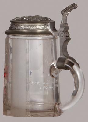 Glass stein, .5L, blown, faceted, student association, Cranschenaria sei's Panier! 1902 - 1903, relief pewter lid, mint.  - 2