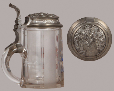 Glass stein, .5L, blown, faceted, student association, Cranschenaria sei's Panier! 1902 - 1903, relief pewter lid, mint.  - 3