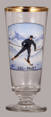 Glass beaker, .5L, blown, transfer, Ski-Heil!, mint.