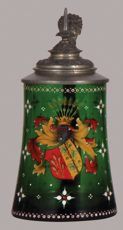 Glass stein, .5L, blown, green, hand-painted coat-of-arms, pewter lid, mint.