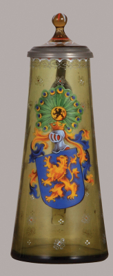 Glass stein, .5L, blown, amber, coat-of-arms, matching glass inlaid lid.