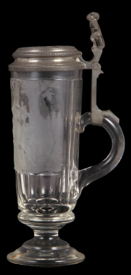 Glass stein, .5L, blown, faceted, pedestal base, wheel-engraved, stag & doe, relief pewter lid, mint. - 2