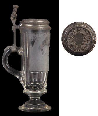 Glass stein, .5L, blown, faceted, pedestal base, wheel-engraved, stag & doe, relief pewter lid, mint. - 3