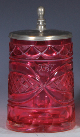 Glass stein, .5L, blown, mid 1800s, clear, pink, cased glass, cut design, pewter lid, mint.