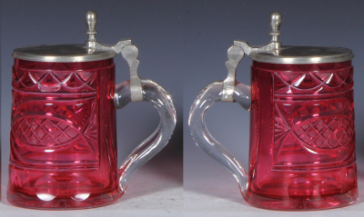 Glass stein, .5L, blown, mid 1800s, clear, pink, cased glass, cut design, pewter lid, mint. - 2