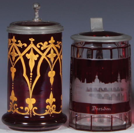 Two glass steins, .5L, both c1840, blown, clear, red stain, hand-painted, gilding, matching glass inlaid lid; with, .5L, blown, clear, faceted, red staining, engraved, Dresden, matching glass inlaid lid, both mint.