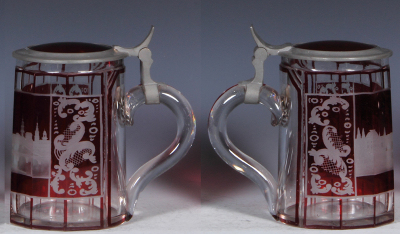 Two glass steins, .5L, both c1840, blown, clear, red stain, hand-painted, gilding, matching glass inlaid lid; with, .5L, blown, clear, faceted, red staining, engraved, Dresden, matching glass inlaid lid, both mint. - 3