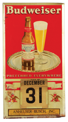 Anheuser-Busch lithograph on metal calendar, 22.2" x 12",  Budweiser Preferred Everywhere, Anheuser-Busch Inc., St. Louis Branch, PRospect 3100, paper dates, dented and some rust.