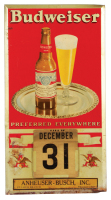 Anheuser-Busch lithograph on metal calendar, 22.2" x 12",&nbsp; Budweiser Preferred Everywhere, Anheuser-Busch Inc., St. Louis Branch, PRospect 3100, paper dates, dented and some rust.
