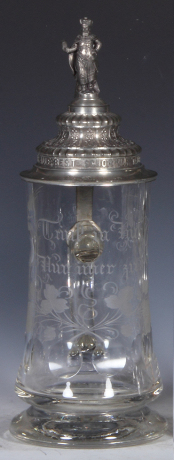 Glass stein, .5L, blown, engraved with a verse and flowers, pewter lid, Gambrinus finial, mint.