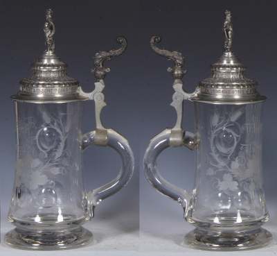 Glass stein, .5L, blown, engraved with a verse and flowers, pewter lid, Gambrinus finial, mint. - 2