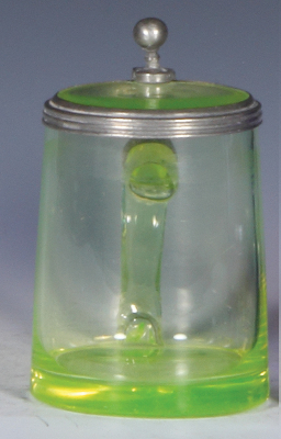 Glass stein, .25L, blown, green uranium, late 1800s, matching glass inlaid lid, circular line at lower handle attachment.