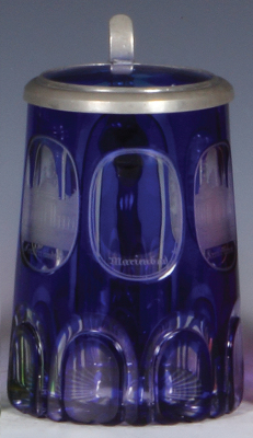 Glass stein, .3L, blown, blue on clear overlay, cut, wheel-engraved, four spas, blue glass inlaid lid, tiny flake.