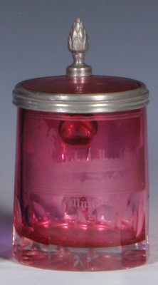 Glass stein, .25L, blown, cut, ruby flashed, wheel-engraved, München, ruby flashed glass inlaid lid.