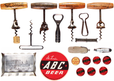 Eighteen American Brewing Corp. items, 1.2" diameter to 5.4", ashtray, coaster, knife, bottle openers, bottle caps A.B.C. 32%, Old St. Louis, American Brewing Co. St. Louis, mother-of-pearl handle knife, A.B.C., bottle openers are A.B.C. Houston or St. Lo