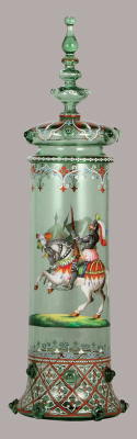 Glass pokal, 24.2'' ht., blown, amber, rigaree & prunts, hand-painted, Landsknecht, glass lid, Heckert quality, mint.