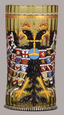 Glass humpen, 10.8" ht., amber, ribbed, hand-painted double-headed eagle coat-of-arms, German cities, mint.