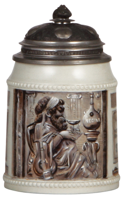 Mettlach stein, .5L, 1586, hand-painted, marked Friedr. van Hauten Bonn, pewter lid, rare, small flake on underside, otherwise mint.