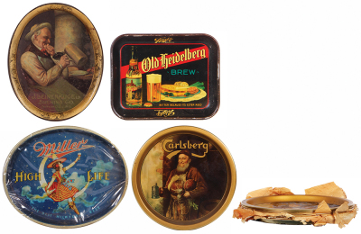 Ten beer trays, J. Leinenkugel Brewing Co., Chippewa Falls, Wis., Famous Since 1967; Old Heidelberg Brew, Blatz, Milwaukee, Wis.; Miller High Life, The Best Milwaukee Beer; seven Carlsberg beer trays, with original packing material, gold beer trays, first - 2