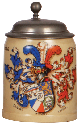 Mettlach stein, .5L, 1526, hand-painted, student association, Nassovia sei's Panier, 1897, pewter lid, small flake at edge of base, otherwise mint.