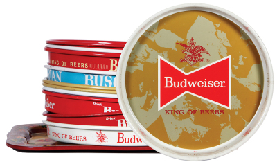 Twelve beer trays, 18.8” x 13.5” to 11.3” d., Anheuser-Busch Inc., Brewers of Budweiser, Anheuser-Busch, St. Louis, MO., To make the Budweiser Test, Budweiser, King of Beer, Anheuser-Busch, St. Louis, MO., Budweiser Beer, Preferred, Busch Bavarian Beer, B