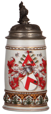 Mettlach stein, .5L, 283, hand-painted, coat-of-arms, pewter lid, inscription dated 1889, mint.