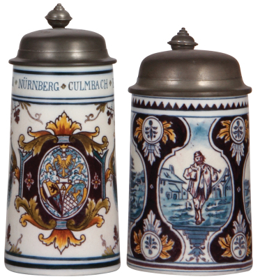 Two Mettlach steins, .5L, 5004, & .5L, 5005, Faience, pewter lids, 5004 has scratches on the top of the lid, otherwise both mint.