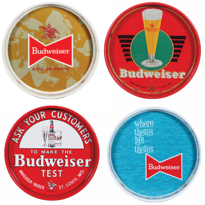 Twelve beer trays, 18.8” x 13.5” to 11.3” d., Anheuser-Busch Inc., Brewers of Budweiser, Anheuser-Busch, St. Louis, MO., To make the Budweiser Test, Budweiser, King of Beer, Anheuser-Busch, St. Louis, MO., Budweiser Beer, Preferred, Busch Bavarian Beer, B - 2