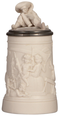 Mettlach stein, .5L, 783, relief, parian, inlaid lid, mint.