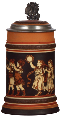 Mettlach stein, .5L, 2302, etched, inlaid lid, mint.