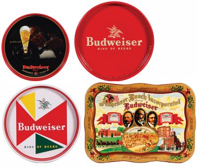 Twelve beer trays, 18.8” x 13.5” to 11.3” d., Anheuser-Busch Inc., Brewers of Budweiser, Anheuser-Busch, St. Louis, MO., To make the Budweiser Test, Budweiser, King of Beer, Anheuser-Busch, St. Louis, MO., Budweiser Beer, Preferred, Busch Bavarian Beer, B - 4