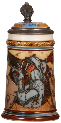 Mettlach stein, .5L, 2123, etched, by H. Schlitt, inlaid lid, hairlines in bottom and on inlay, shallow chip inside upper rim.            