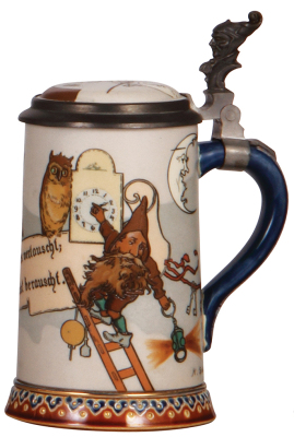 Mettlach stein, .5L, 2092, etched, by H. Schlitt, inlaid lid, small shallow glaze chip & line on inside of inlay, otherwise mint.