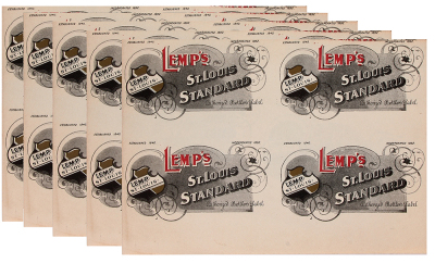 Five Lemp, St. Louis Standard label sheets, 6.5" x 9.4" x, marked: Authorized Bottler's Label, Established 1840, Incorporated 1892, has gilding, very good condition.