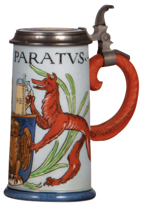 Mettlach stein, .5L, 2004, etched, Semper Paratus [Coast Guard’s motto: Always Ready], fox tail handle, inlaid lid, small flake on handle, otherwise mint