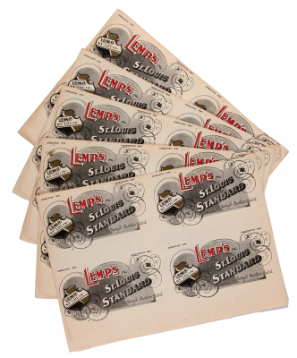 Five Lemp, St. Louis Standard label sheets, 6.5" x 9.4" x, marked: Authorized Bottler's Label, Established 1840, Incorporated 1892, has gilding, very good condition. - 2