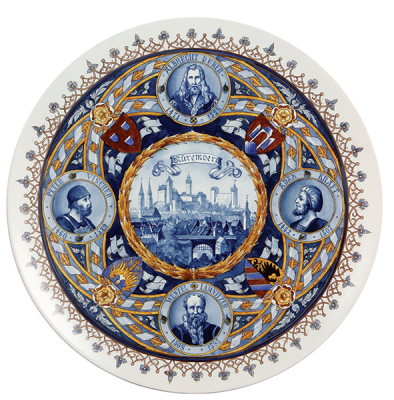 Mettlach plaque, 17.2" d., 1044/5168, V & B M, Delft, Nüremberg Albrecht Dürer, Adam Kraft, Wenzel Jamnitzer, Peter Vischer, very rare, only the second example we are aware exists, mint.