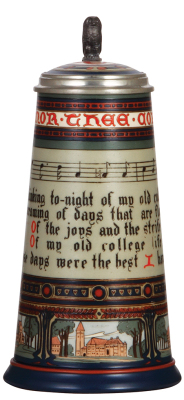 Mettlach stein, 1.0L, 2871, etched, marked Rothschild Bros., Ithaca, N.Y., Cornell University, inlaid lid, mint.