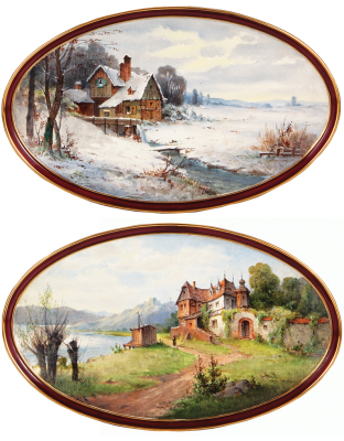 Pair Villeroy & Boch Dresden plaques, 15.6" x 9.6", #1560, rare tapestry surface, mint.