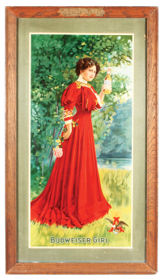 Anheuser-Busch lithograph on paper, framed 35.0" x 20.0", Budweiser Girl, marked: Copyright, 1907 by Anheuser-Busch Brewing Ass'n., St. Louis, Kaufmann & Strauss Co. N.Y. 900, Anheuser-Busch relief frame, chipping on frame relief, minor imperfections on g
