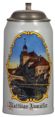 Mettlach stein, 1.0L, 1526, hand-painted, Regensburg, Matthias Aumüller, pewter lid, mint.