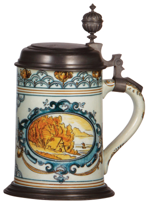 Mettlach stein, 1.0L, 5022, Faience, pewter lid, mint.