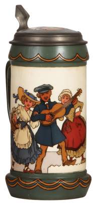 Mettlach stein, 1.0L, 3090, etched, troubadour & two dancers, by H. Schlitt, inlaid lid, mint.