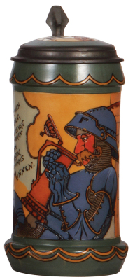 Mettlach stein, 1.0L, 3091, etched, Drinking Knight, by H. Schlitt, inlaid lid, mint.