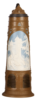 Mettlach stein, 5.0L, 22.0" ht., 2478, cameo, inlaid lid, mint.